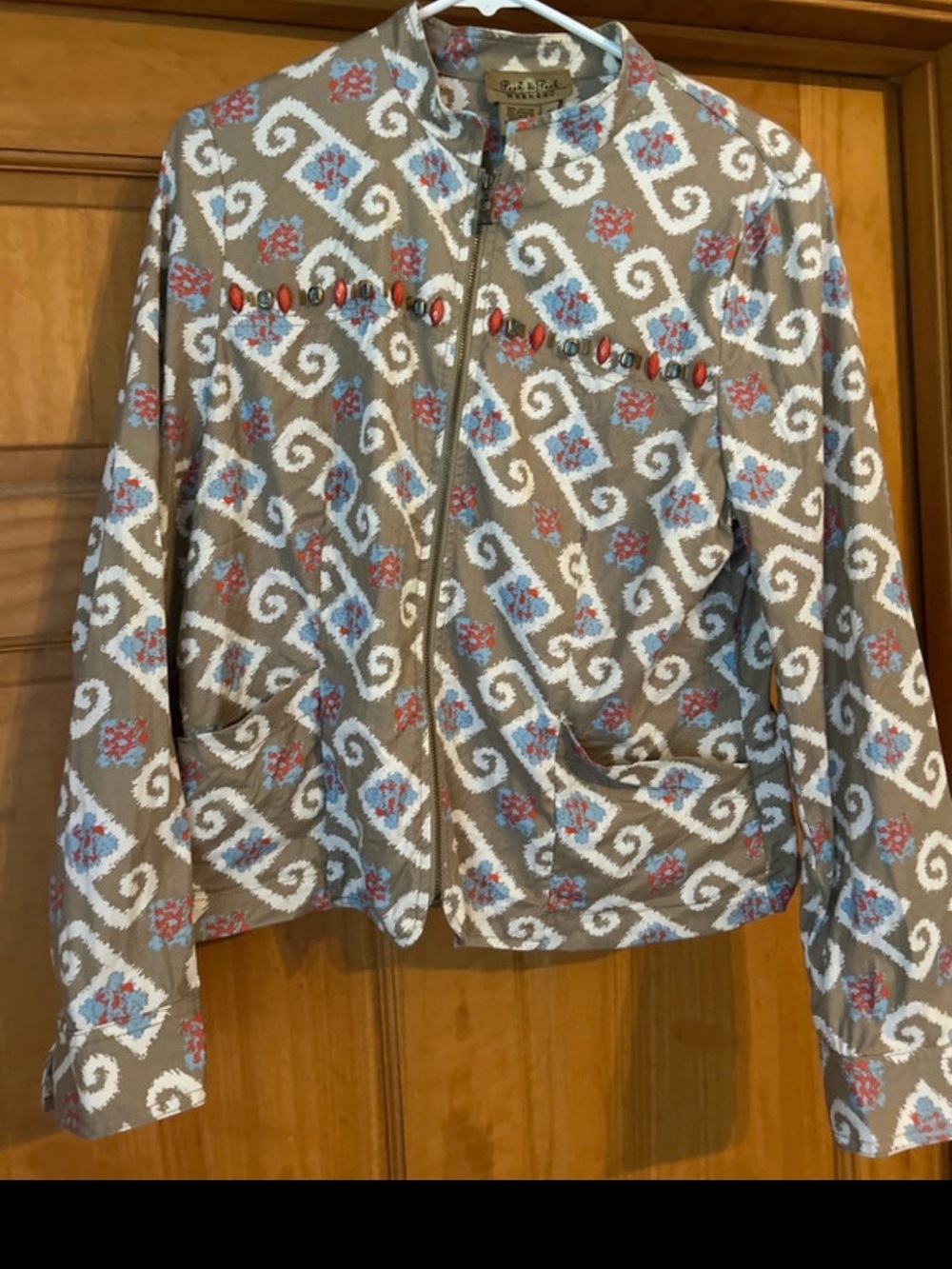 Peck & Peck Taupe Patterned Zip Jacket with Blue, White & Coral Accents